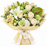 Flowrista white roses and lilies with green mixed flowers in cream wrapping and an ivory ribbon
