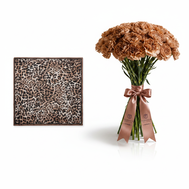Mango brown animal print satin scarf with Flowrista caramel carnations bouquet