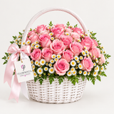 Flowrista pink rose and white daisy flower basket with greenery