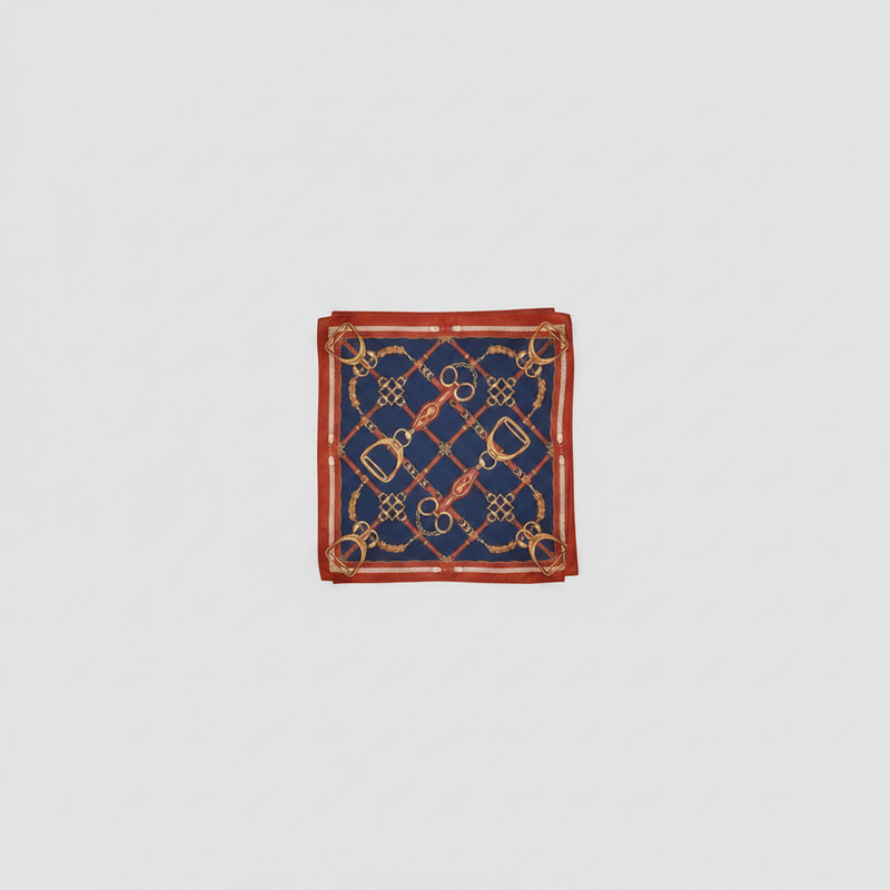 Mango navy blue chain-print square satin scarf with red border on white background