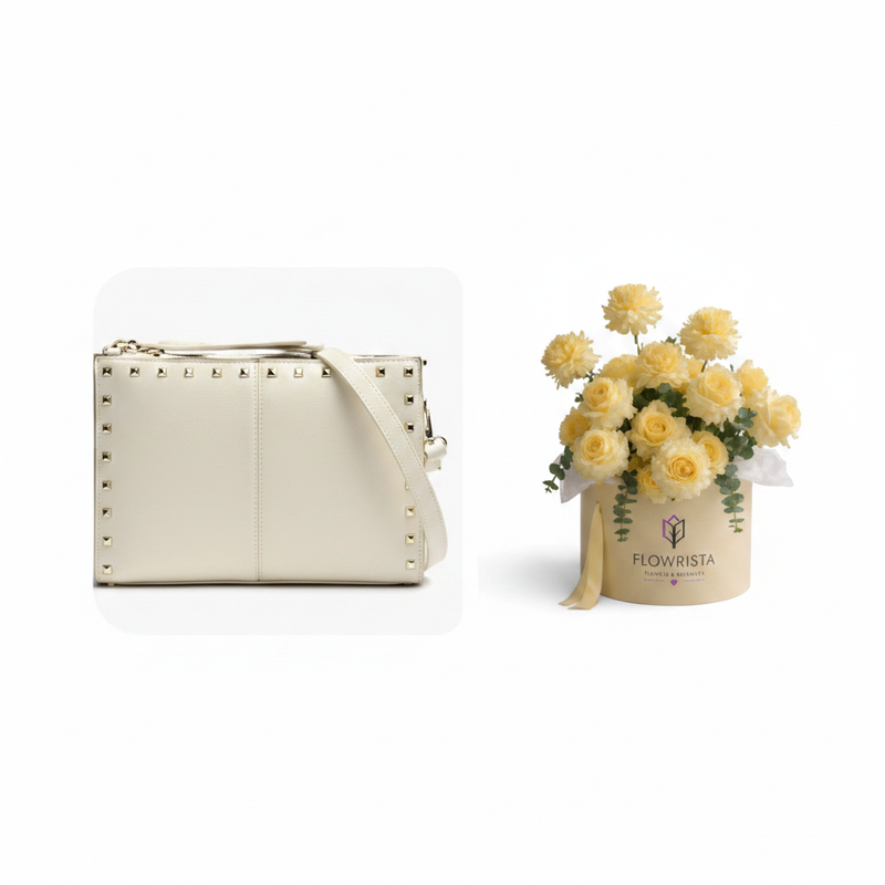Parfois cream studded crossbody bag with Flowrista yellow craspedia box gift set Dubai