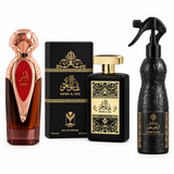 Asser 100ml perfume, Ashek Al Oud by Almas 100ml perfume and Ashiq Aloud black air freshener spray