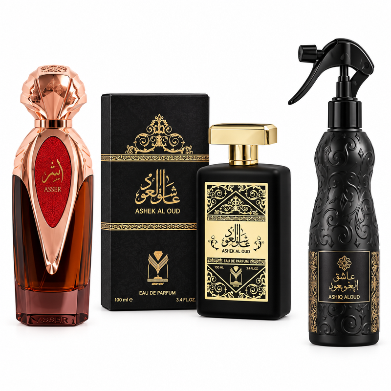 Asser 100ml perfume, Ashek Al Oud by Almas 100ml perfume and Ashiq Aloud black air freshener spray