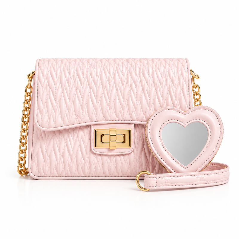 Light pink quilted crossbody bag with gold chain strap and heart mirror pouch