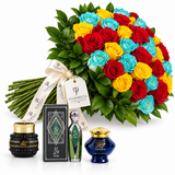 Fakher perfume, Mamoul Ashiq Al.Oud and Omani Bakhour beside a Flowrista red, yellow and blue rose bouquet