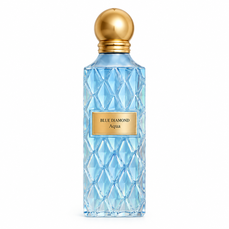 Blue Diamond Aqua 150 ml pale blue textured perfume bottle with round gold cap
