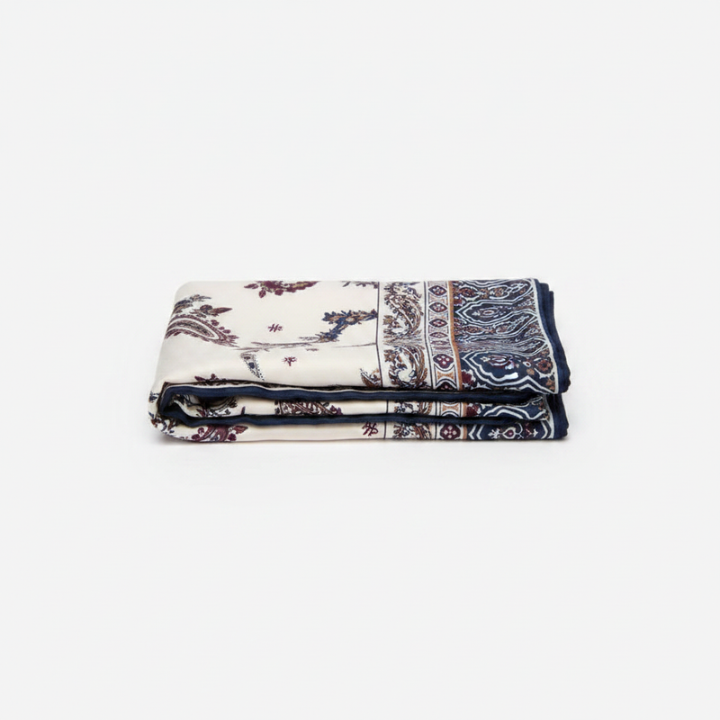 Mango navy blue intricate paisley print square satin scarf on white background