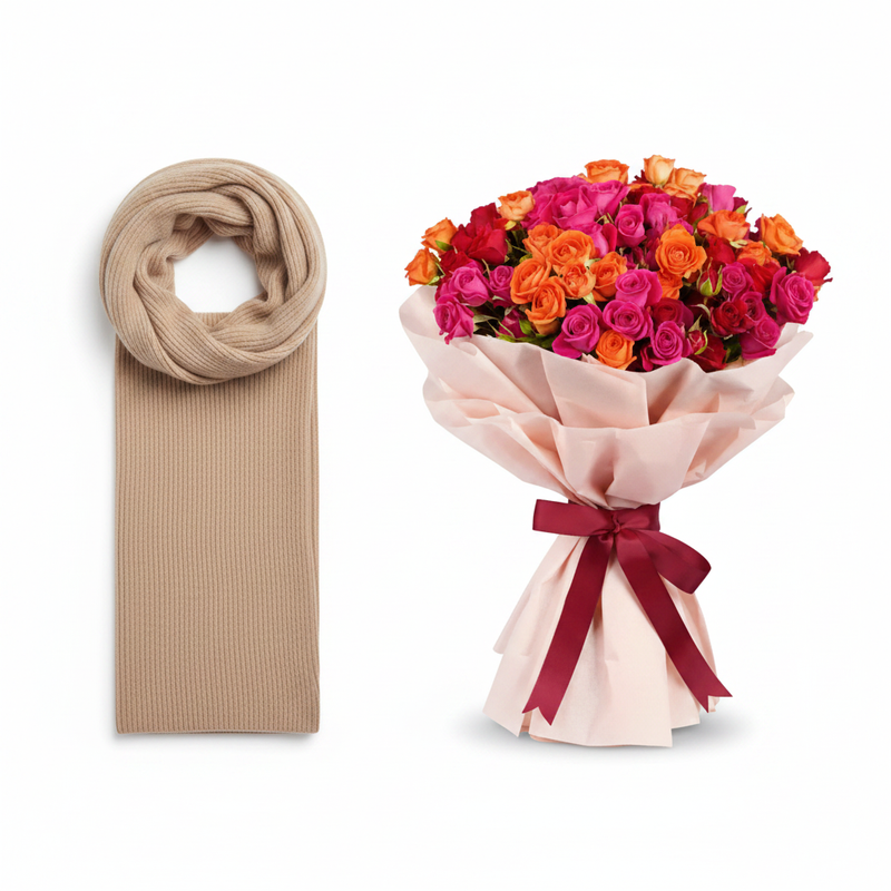 Mango Cashmere Beige Scarf with Vibrant Spray Roses Bouquet