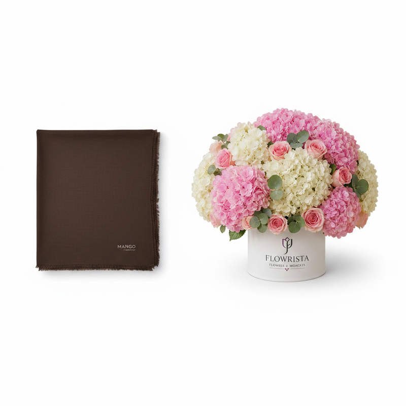 Mango Chocolate Linen Scarf with Pink Hydrangea Roses Box