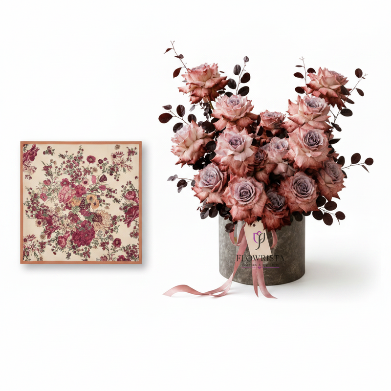 Mango Floral Print Scarf with Dark Dusty Roses Box
