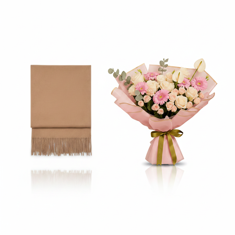 Mango Fringed Edge Scarf Brown with Whispers of Grace Bouquet