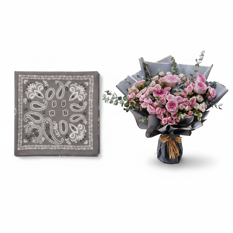 Mango Grey Paisley Wool Scarf with Exquisite Pink Roses Bouquet