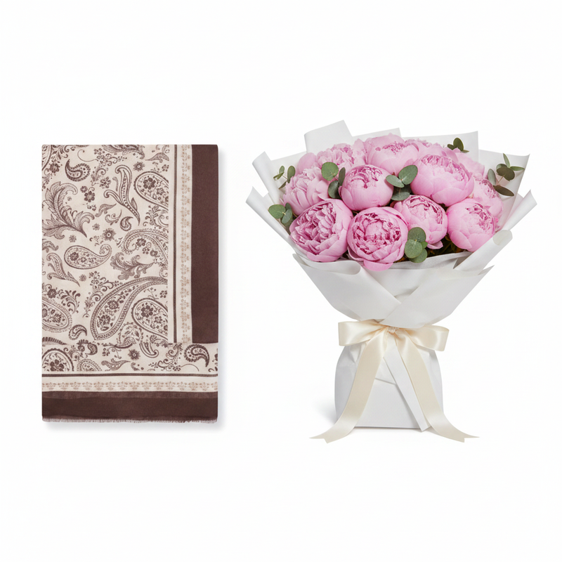 Mango Paisley Scarf with Pink Peony Bouquet