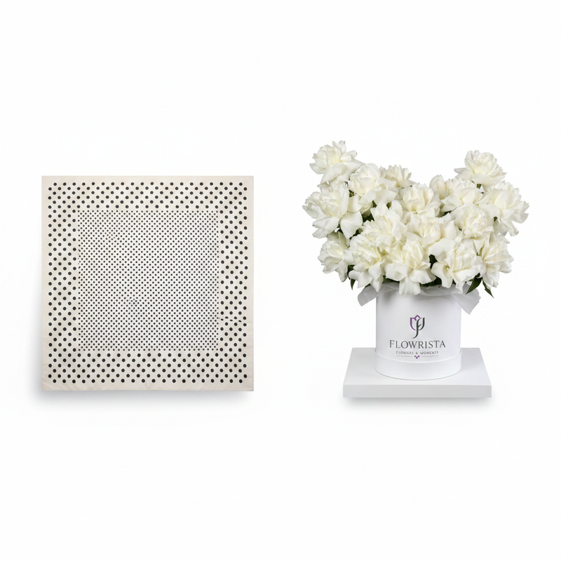 Mango Satin Polka Dot Scarf with White Peonies Box