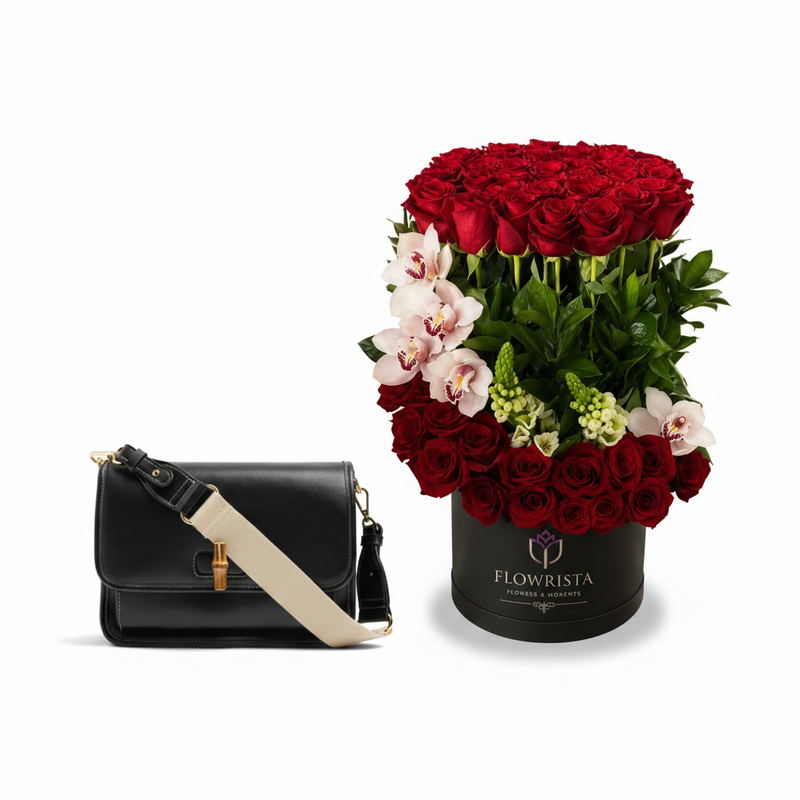 Parfois Black Bag with Flowrista Grand Red Roses Orchids Box