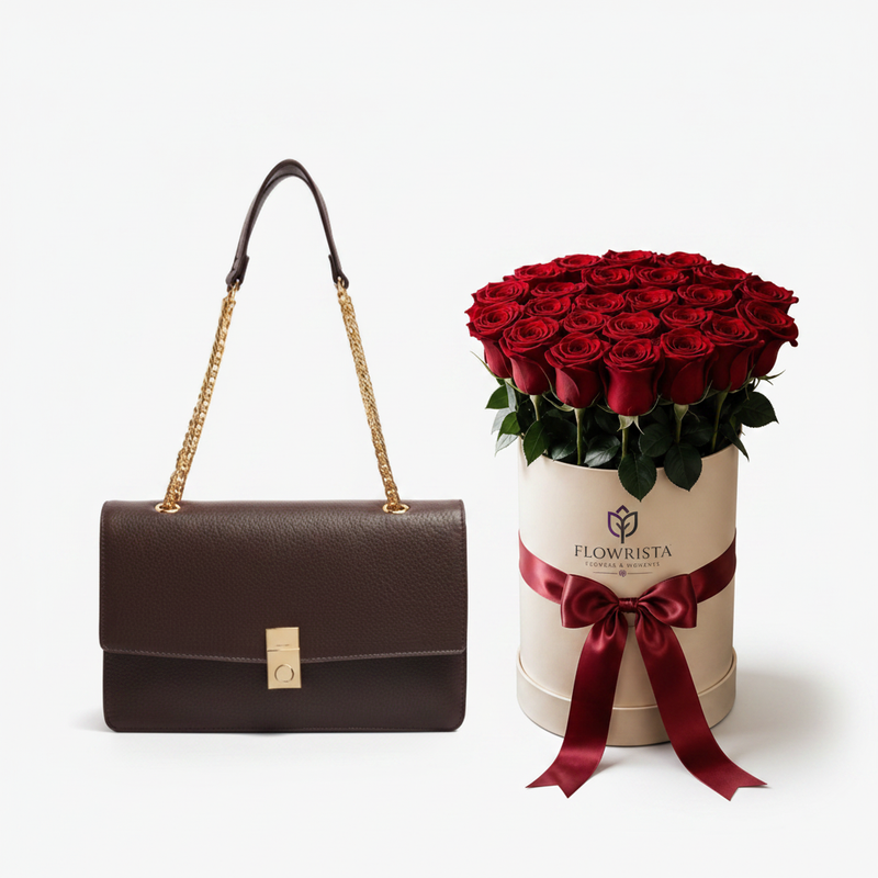 Parfois Brown Shoulder Bag with Flowrista Grand Red Roses White Box