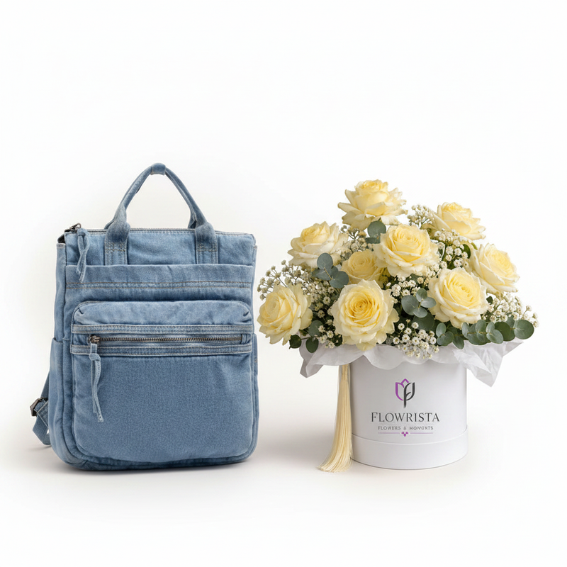 Parfois Denim Backpack with Flowrista Cream Roses