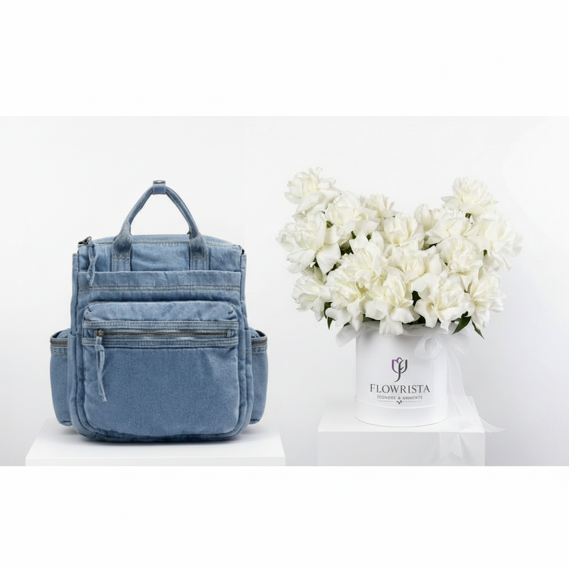 Parfois Denim Backpack with Flowrista White Peonies