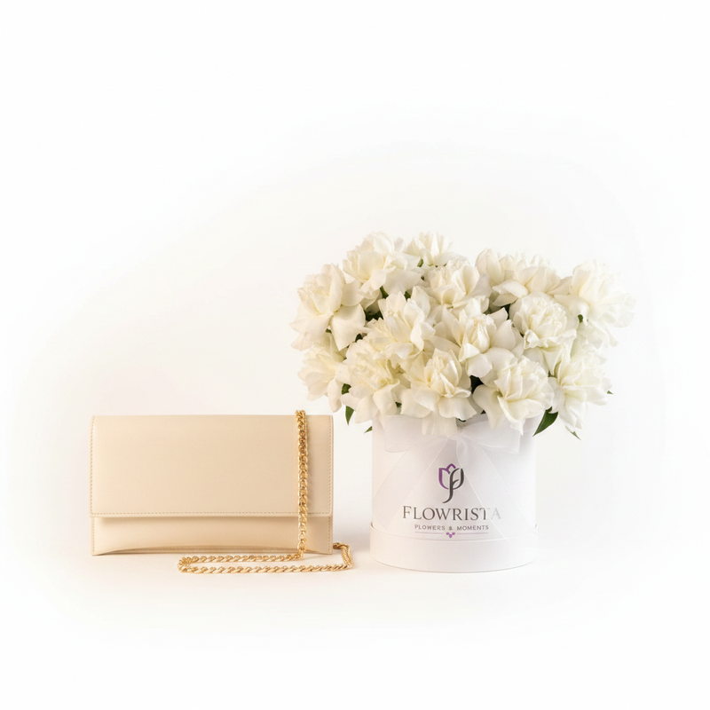 Parfois Ecru Clutch with Flowrista White Peonies Box