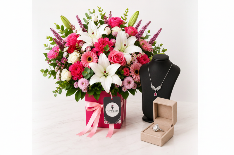 Pink Flower Box + Necklace + Ring - Full Scene