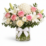 Pink & White Roses Vase - Clean White Background