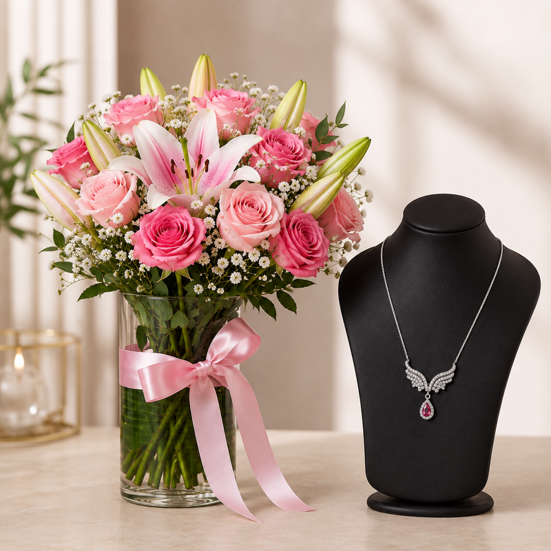 silvara-angel-wing-necklace-pink-roses-lilies-bundle