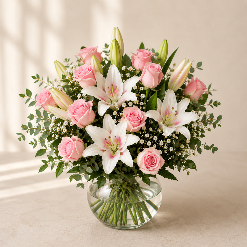 Pink roses and oriental lilies arranged in a round white vase with eucalyptus and baby's breath – luxury flower gift by Flowrista Dubai
