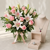 Silvara platinum-plated zircon necklace and ring set with pink roses and oriental lilies in white vase – luxury gift Dubai