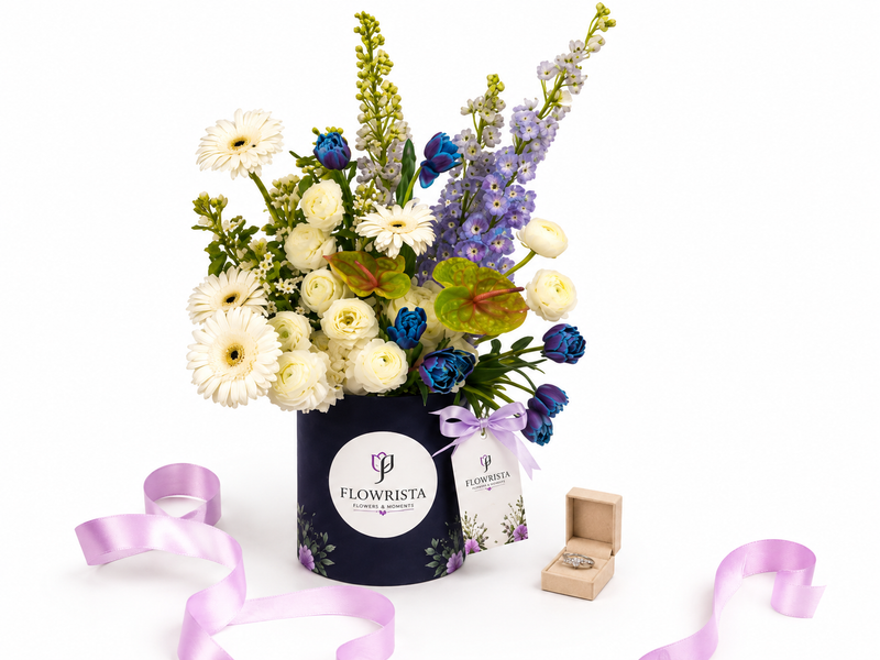 Silvara Round Solitaire Pavé Shoulder Ring & Blue & White Mixed Flower Flowrista Hat Box