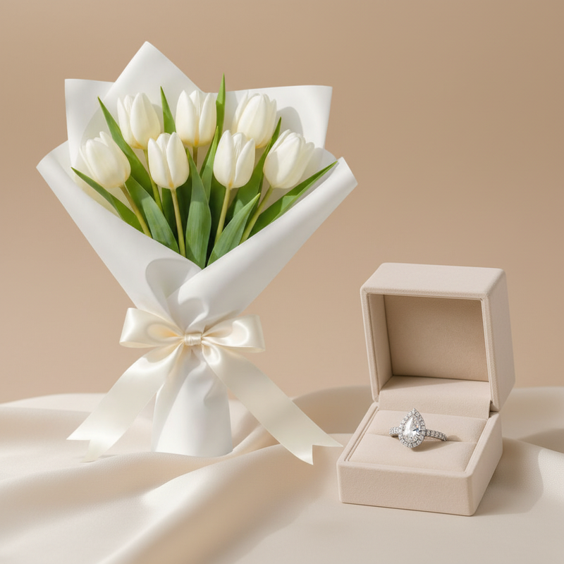 White Tulips & Diamond Ring Gift Set